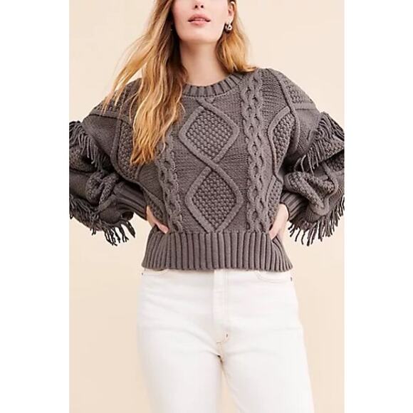 Line & Dot Sweaters - Line & Dot Jasper Fringe Sweater XS Gray Cable Knit CottageCore CabinCore NWT